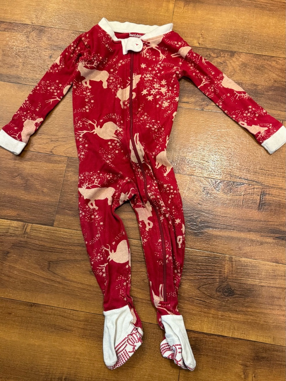Burt's Bees Infant Baby Christmas Red Reindeer Footed Pajama Sleeper 12 months